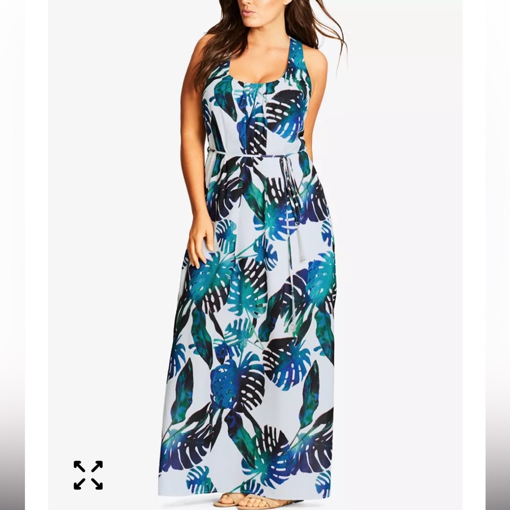 City Chic Tropical Monstera Maxi Cross Back Dress Sz S16